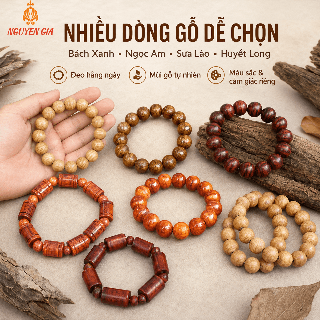 Vòng Tay Gỗ, Chuỗi Hạt Gỗ Bách Xanh, Ngọc Am, Sưa Lào