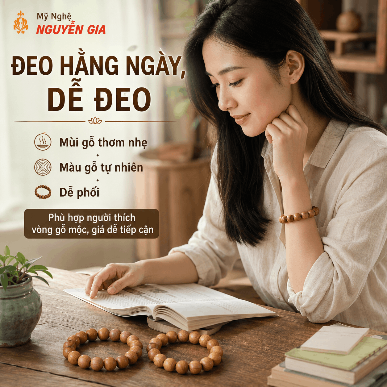V&ograve;ng Tay Gỗ Ngọc Am Thơm Nhẹ, Đủ Cỡ Dễ Đeo