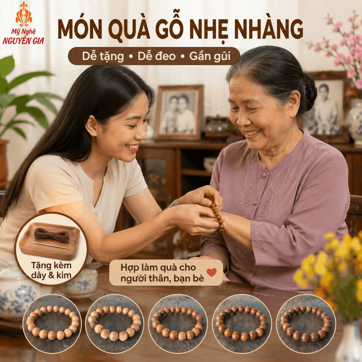 V&ograve;ng Tay Gỗ Ngọc Am Thơm Nhẹ, Đủ Cỡ Dễ Đeo