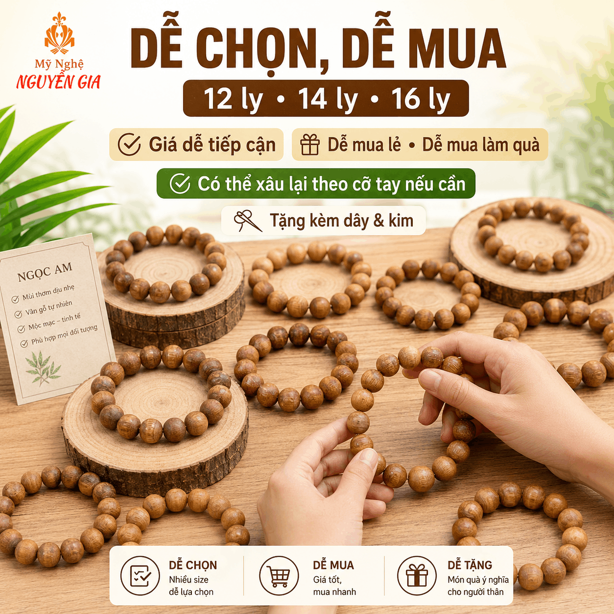 V&ograve;ng Tay Gỗ Ngọc Am Thơm Nhẹ, Đủ Cỡ Dễ Đeo