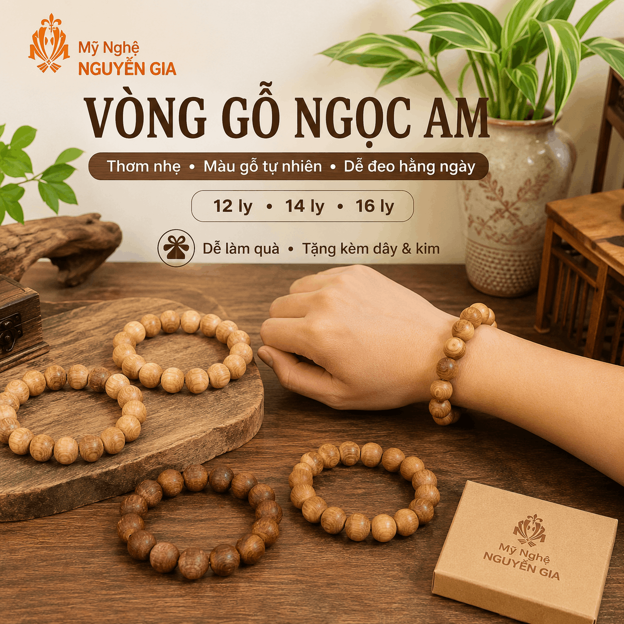 V&ograve;ng Tay Gỗ Ngọc Am Thơm Nhẹ, Đủ Cỡ Dễ Đeo