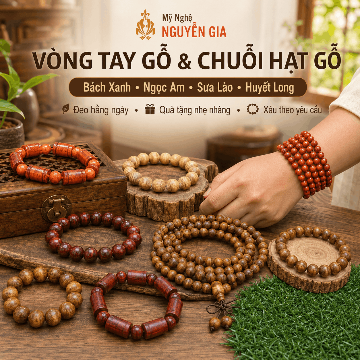 Vòng Tay Gỗ, Chuỗi Hạt Gỗ Bách Xanh, Ngọc Am, Sưa Lào