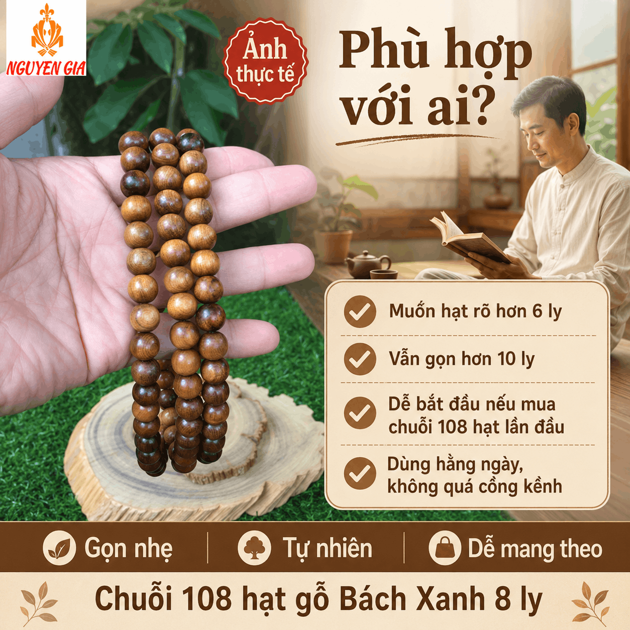 Chuỗi 108 Hạt Gỗ Bách Xanh 8 Ly Dễ Dùng, Thơm Nhẹ