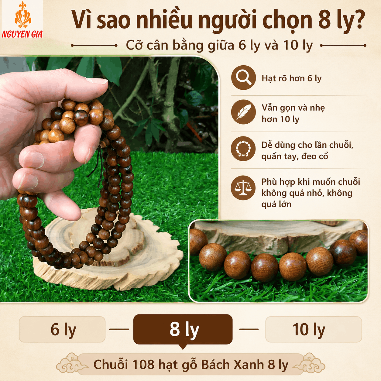 Chuỗi 108 Hạt Gỗ Bách Xanh 8 Ly Dễ Dùng, Thơm Nhẹ