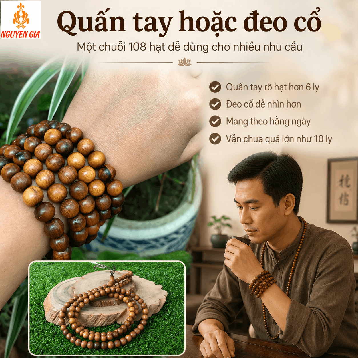 Chuỗi 108 Hạt Gỗ Bách Xanh 8 Ly Dễ Dùng, Thơm Nhẹ