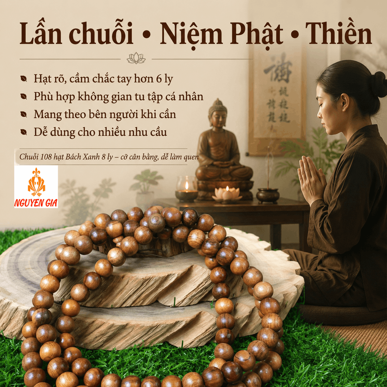 Chuỗi 108 Hạt Gỗ Bách Xanh 8 Ly Dễ Dùng, Thơm Nhẹ