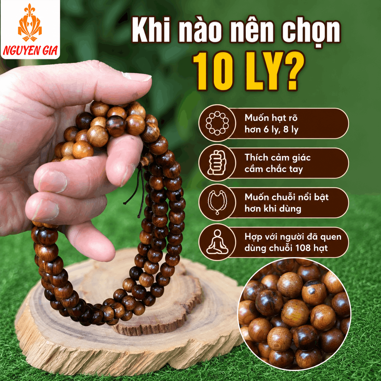 Chuỗi 108 Hạt Gỗ Bách Xanh 10 Ly Rõ Hạt, Chắc Tay