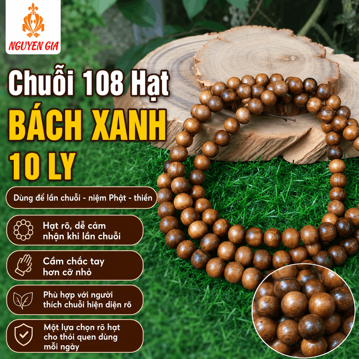Chuỗi 108 Hạt Gỗ Bách Xanh 10 Ly Rõ Hạt, Chắc Tay