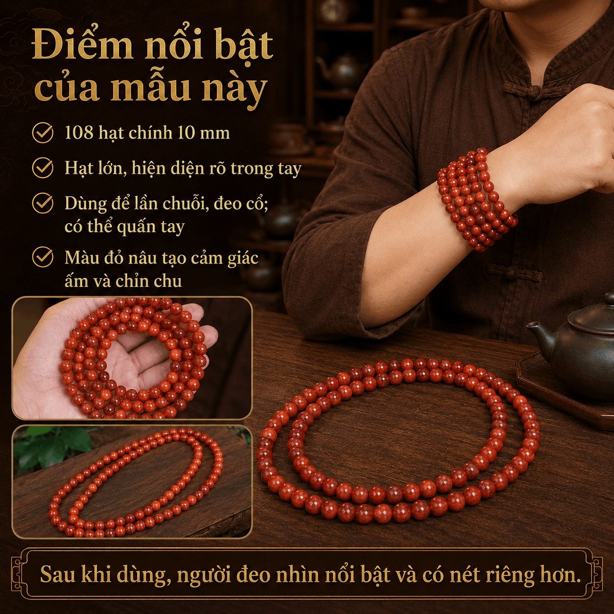 Chuỗi 108 Hạt Huyết Long Thân 10 Ly – Hạt Lớn, Cầm Chắc Tay
