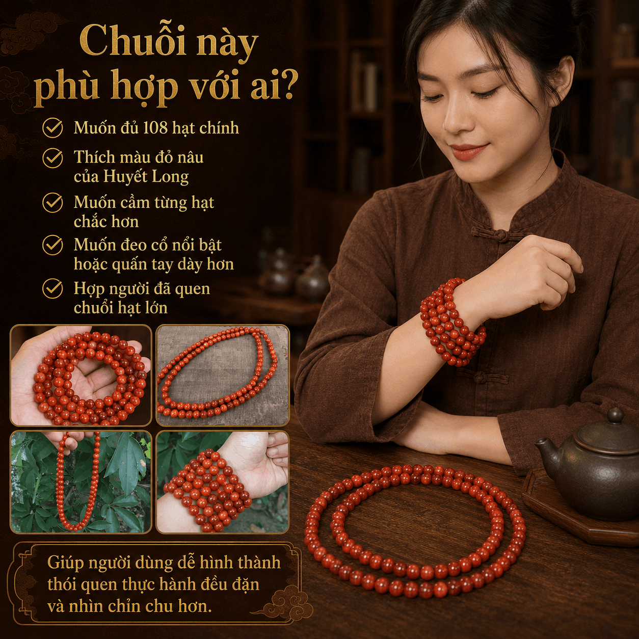 Chuỗi 108 Hạt Huyết Long Thân 10 Ly – Hạt Lớn, Cầm Chắc Tay
