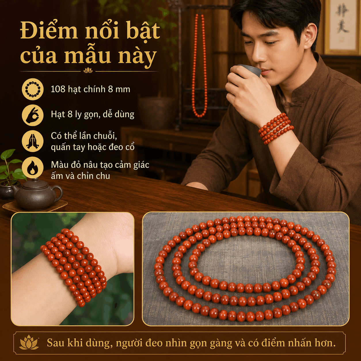 Chuỗi 108 Hạt Huyết Long Thân 8 Ly Có Hạt Phụ Và Nậm
