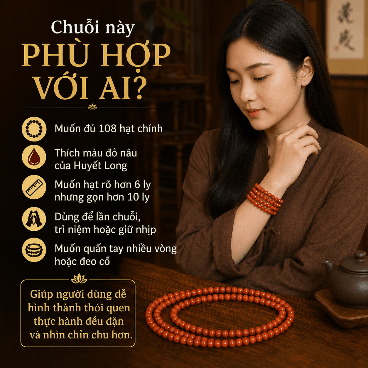 Chuỗi 108 Hạt Huyết Long Thân 8 Ly Có Hạt Phụ Và Nậm