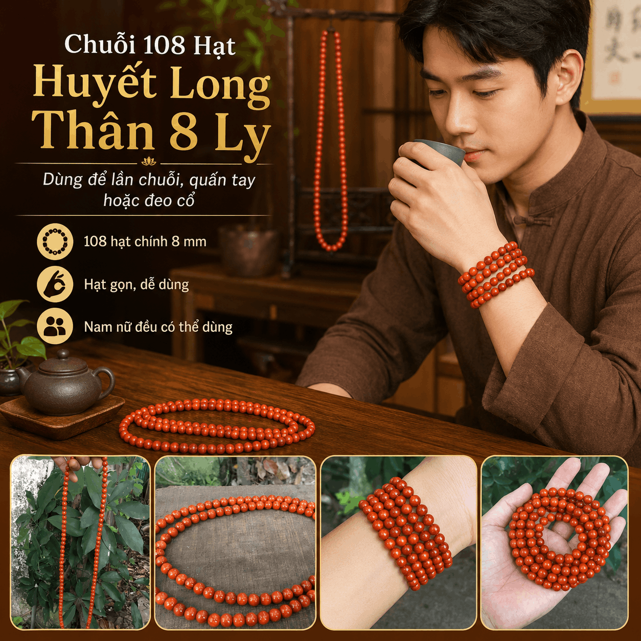 Chuỗi 108 Hạt Huyết Long Thân 8 Ly Có Hạt Phụ Và Nậm
