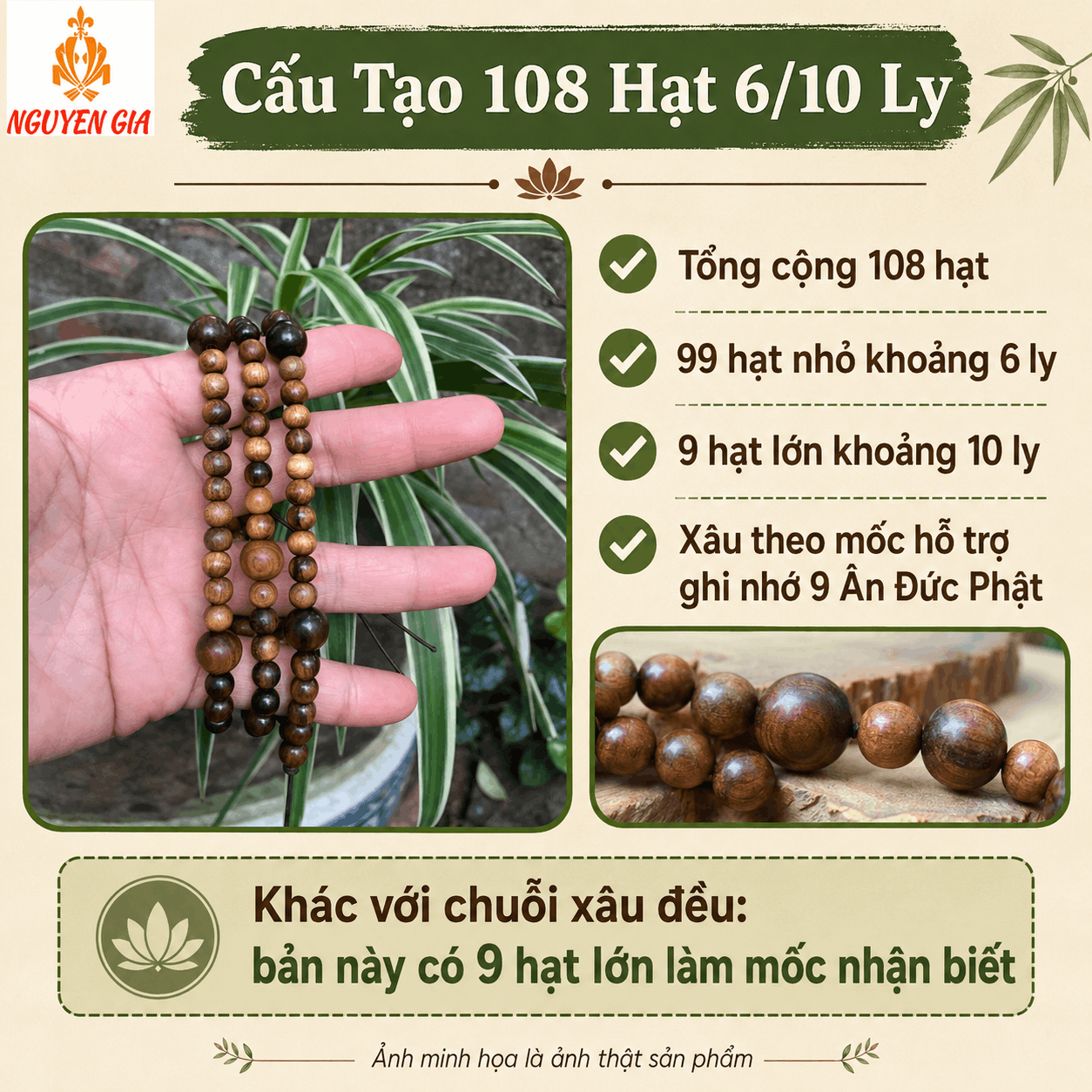 Chuỗi 108 Hạt Niệm Phật Bách Xanh 6/10 Ly, Xâu Theo 9 Ân Đức Phật