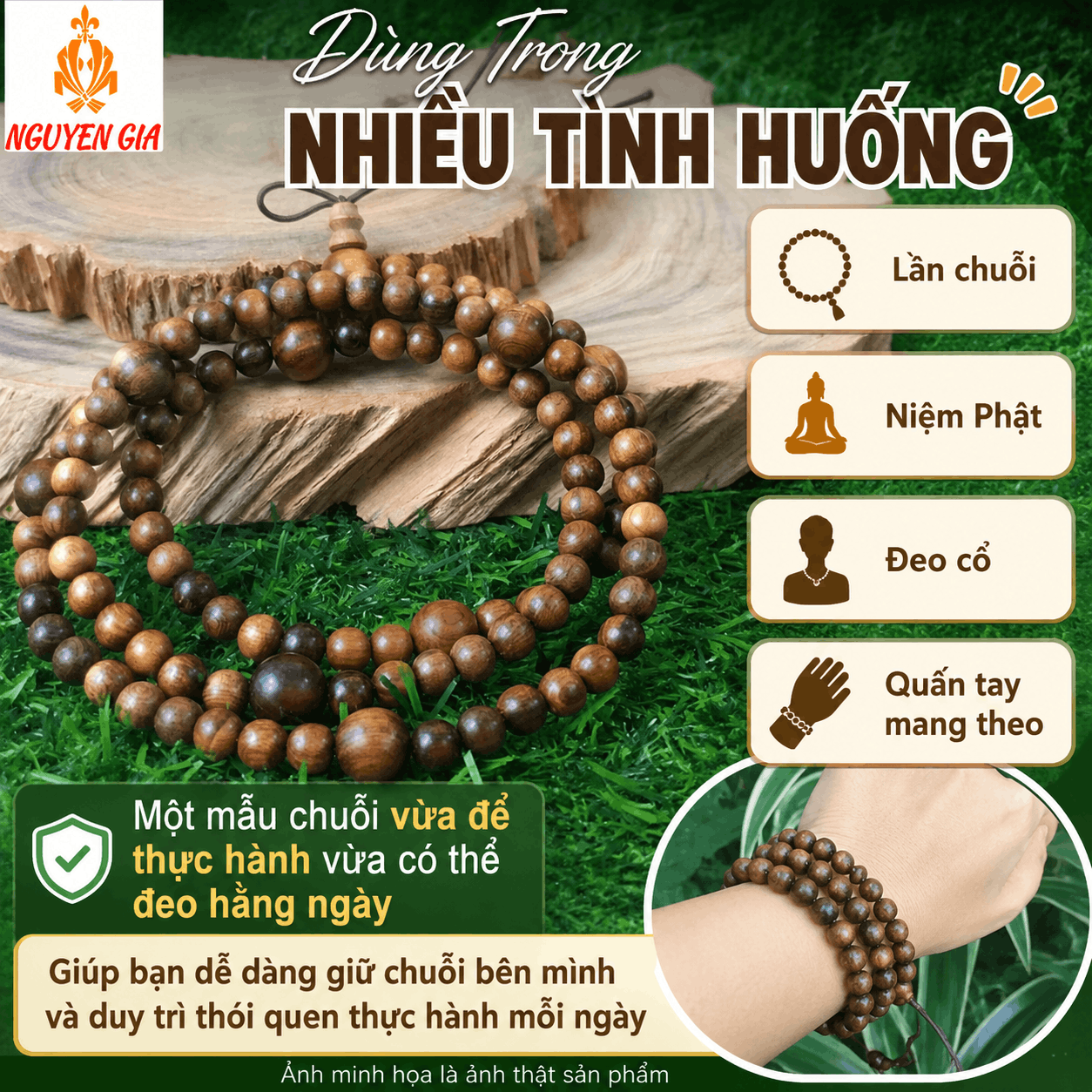 Chuỗi 108 Hạt Niệm Phật Bách Xanh 6/10 Ly, Xâu Theo 9 Ân Đức Phật