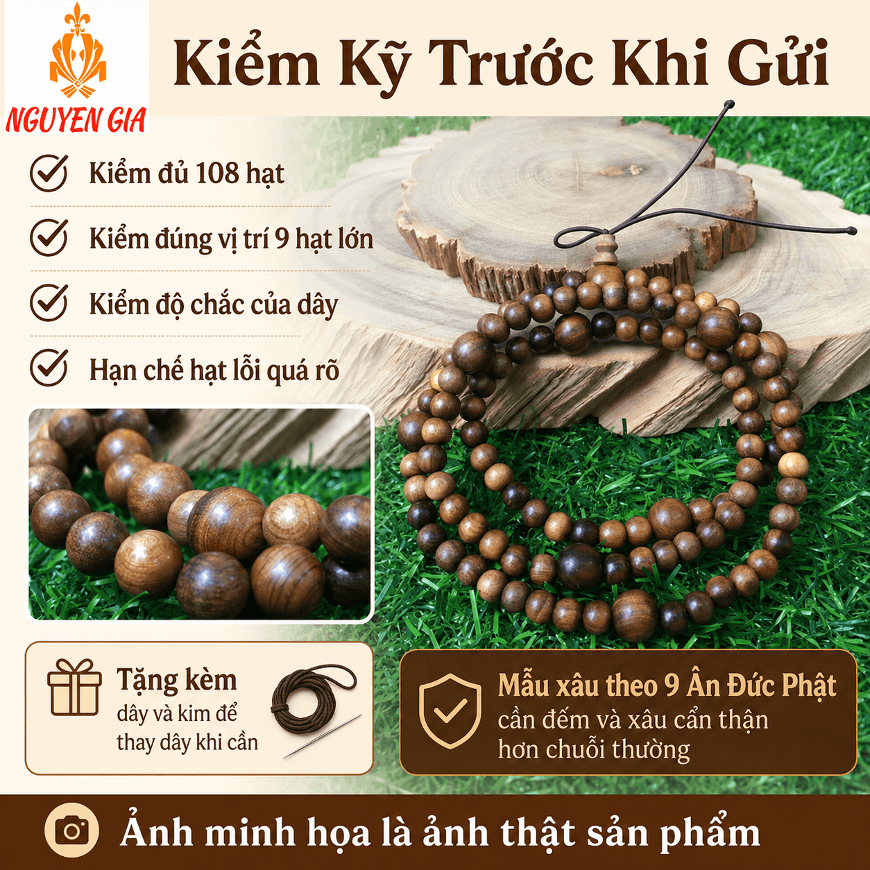 Chuỗi 108 Hạt Niệm Phật Bách Xanh 6/10 Ly, Xâu Theo 9 Ân Đức Phật