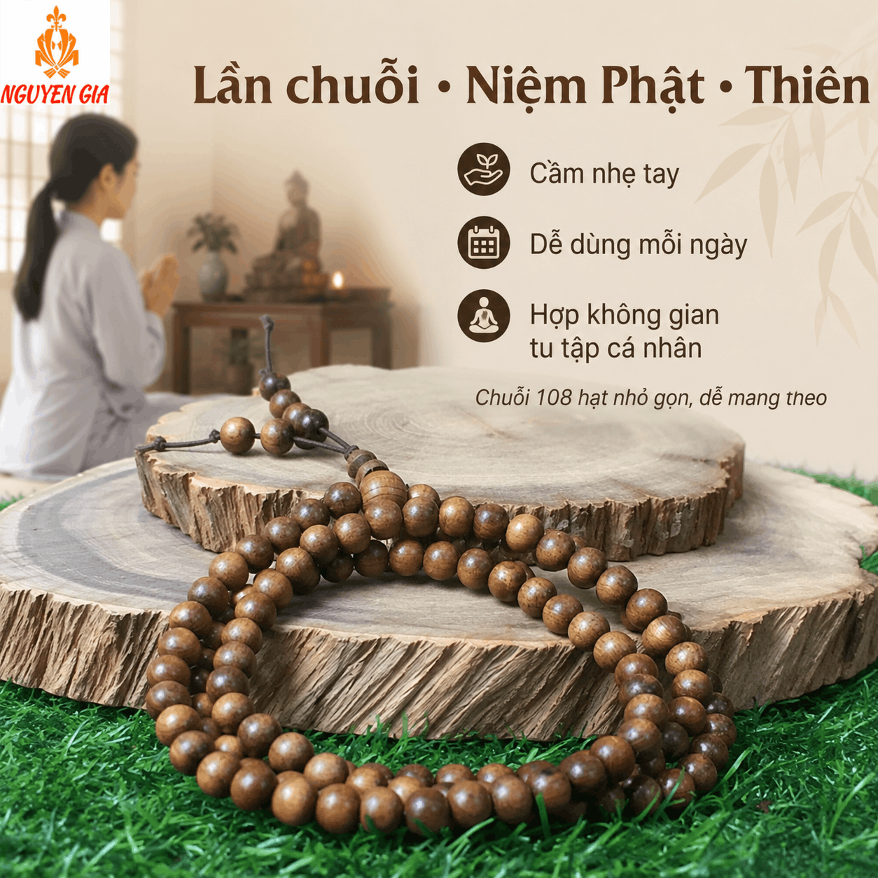 Chuỗi 108 Hạt Gỗ Bách Xanh 6 Ly Nhỏ Nhẹ, Dễ Quấn Tay