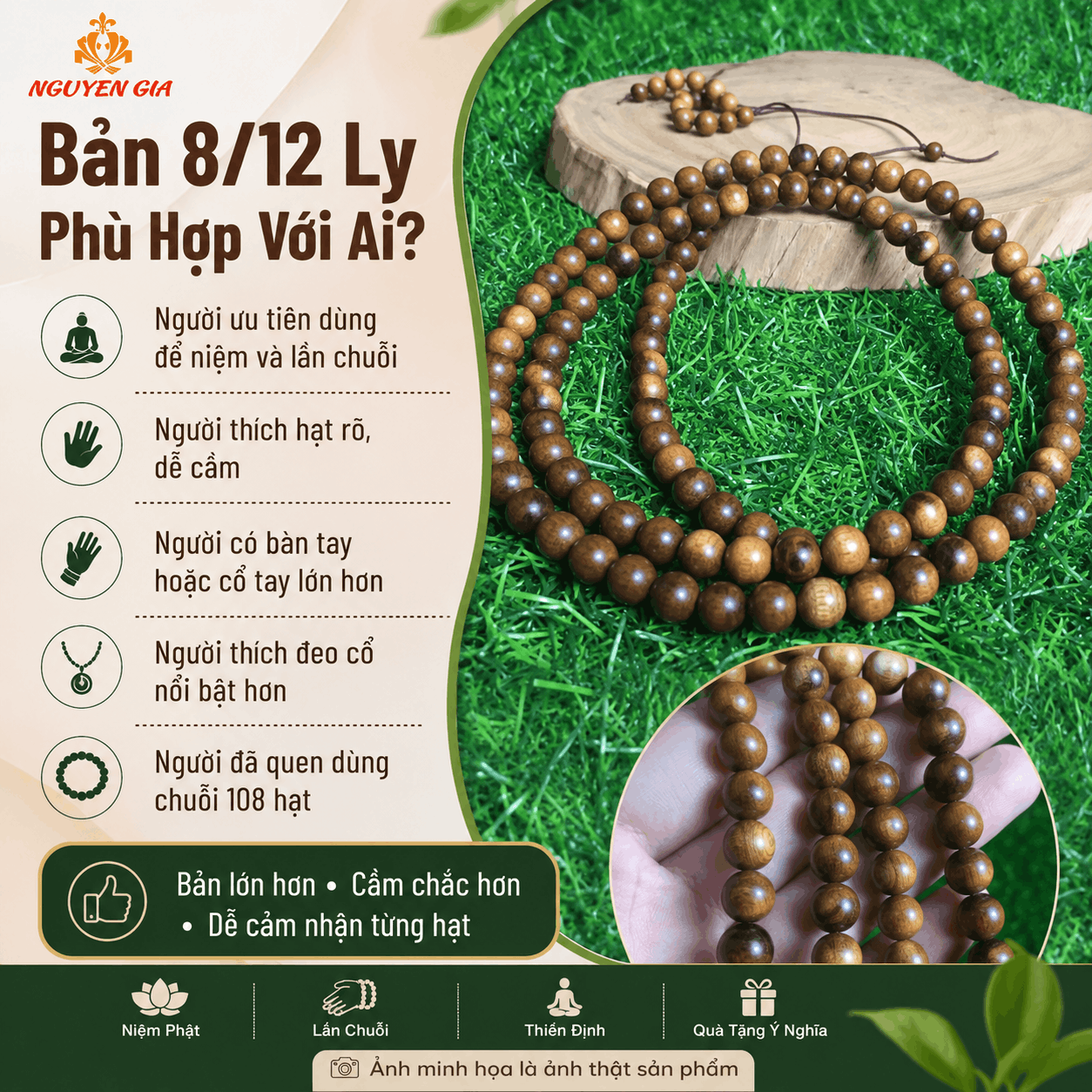 Chuỗi 108 Hạt Niệm Phật Bách Xanh 8/12 Ly, Xâu Theo 9 Ân Đức Phật