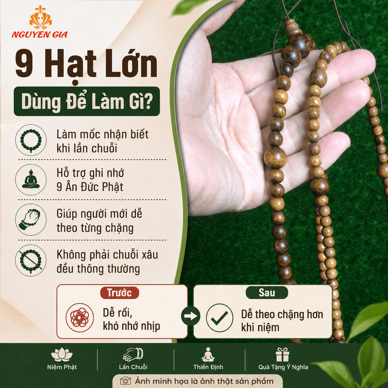 Chuỗi 108 Hạt Niệm Phật Bách Xanh 8/12 Ly, Xâu Theo 9 Ân Đức Phật