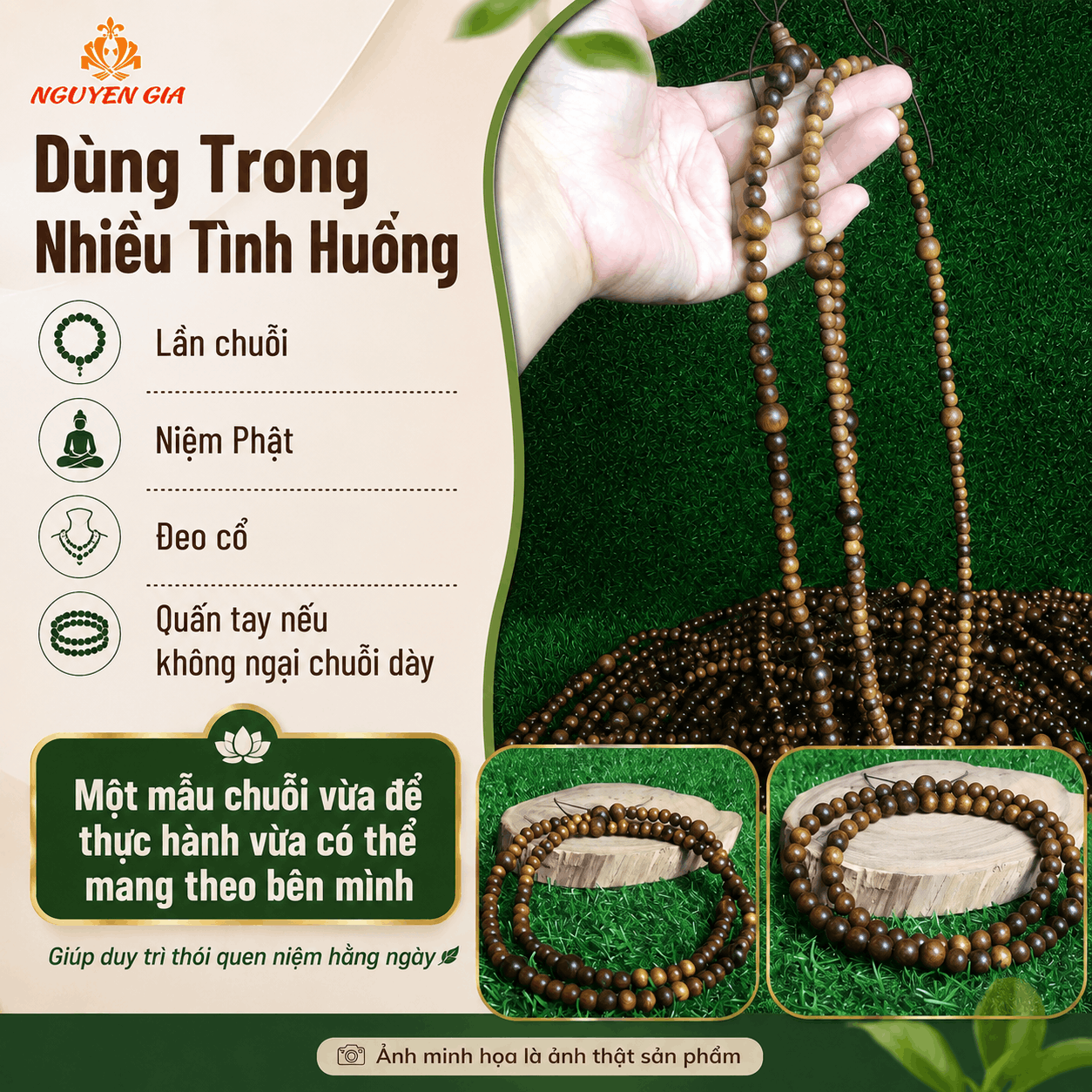 Chuỗi 108 Hạt Niệm Phật Bách Xanh 8/12 Ly, Xâu Theo 9 Ân Đức Phật