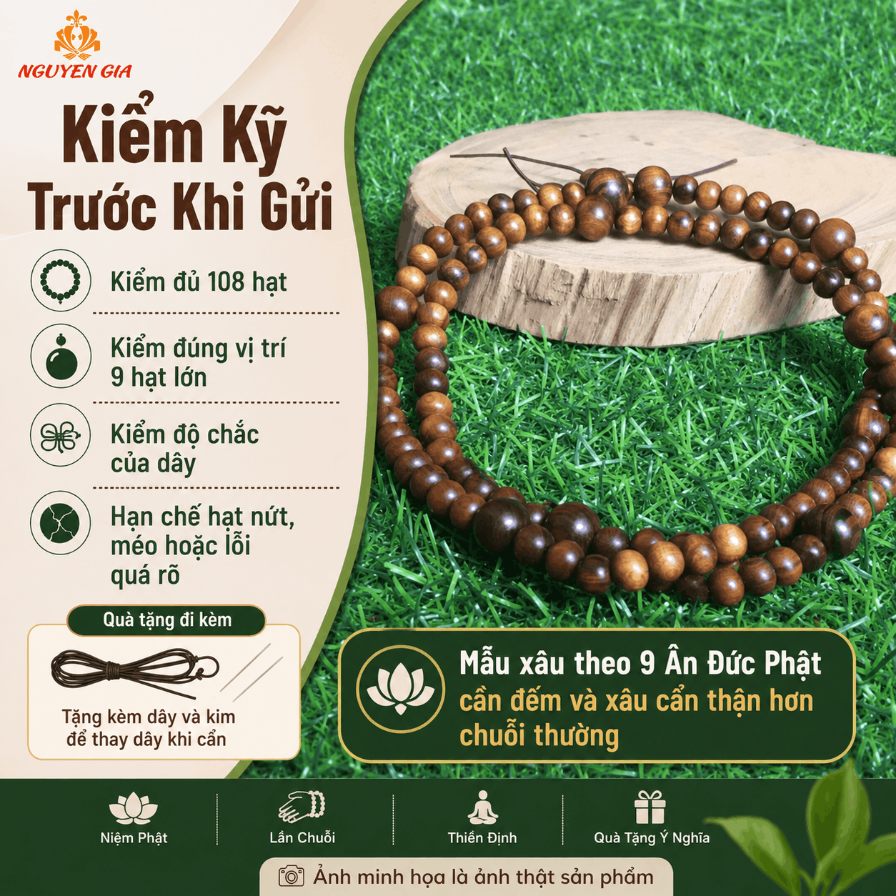 Chuỗi 108 Hạt Niệm Phật Bách Xanh 8/12 Ly, Xâu Theo 9 Ân Đức Phật