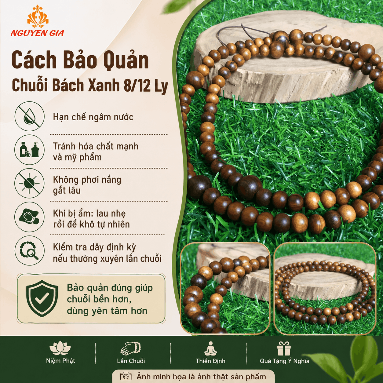 Chuỗi 108 Hạt Niệm Phật Bách Xanh 8/12 Ly, Xâu Theo 9 Ân Đức Phật