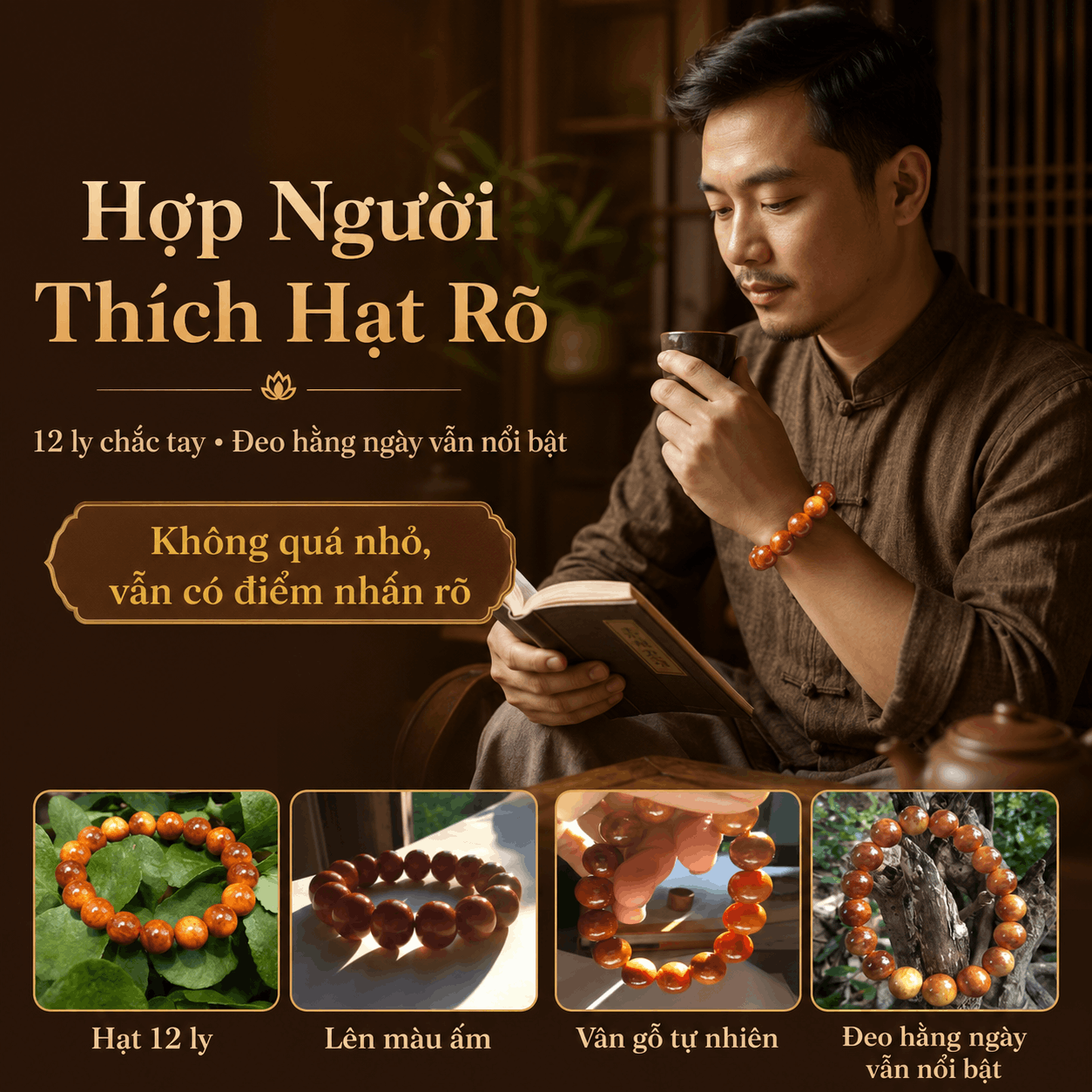 Vòng Tay Gỗ Huyết Long 12 Ly Hạt Rõ, Chắc Tay
