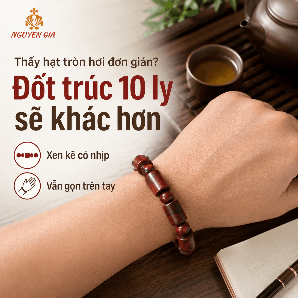 Vòng Tay Gỗ Sưa Lào Đốt Trúc 10 Ly, Dáng Lạ Nhưng Gọn