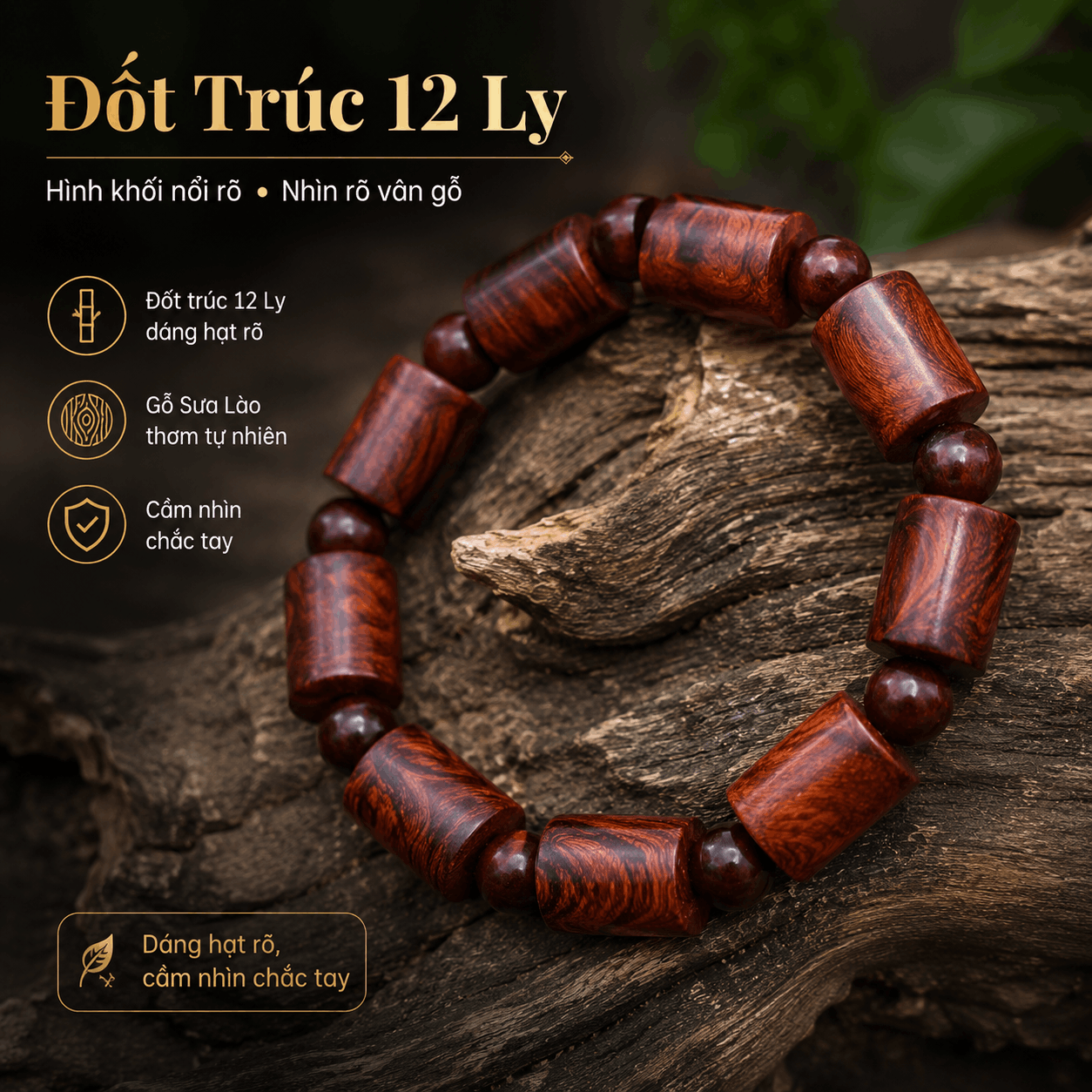 Vòng Tay Gỗ Sưa Lào Đốt Trúc 12 Ly, Hình Khối Nổi Rõ