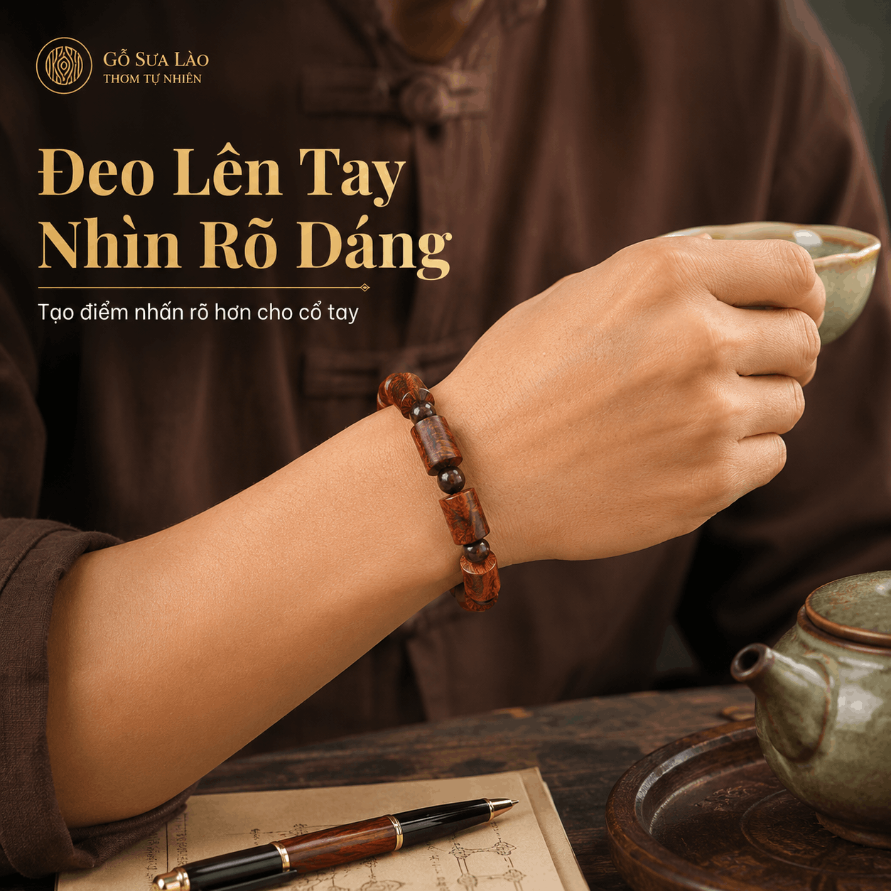 Vòng Tay Gỗ Sưa Lào Đốt Trúc 12 Ly, Hình Khối Nổi Rõ