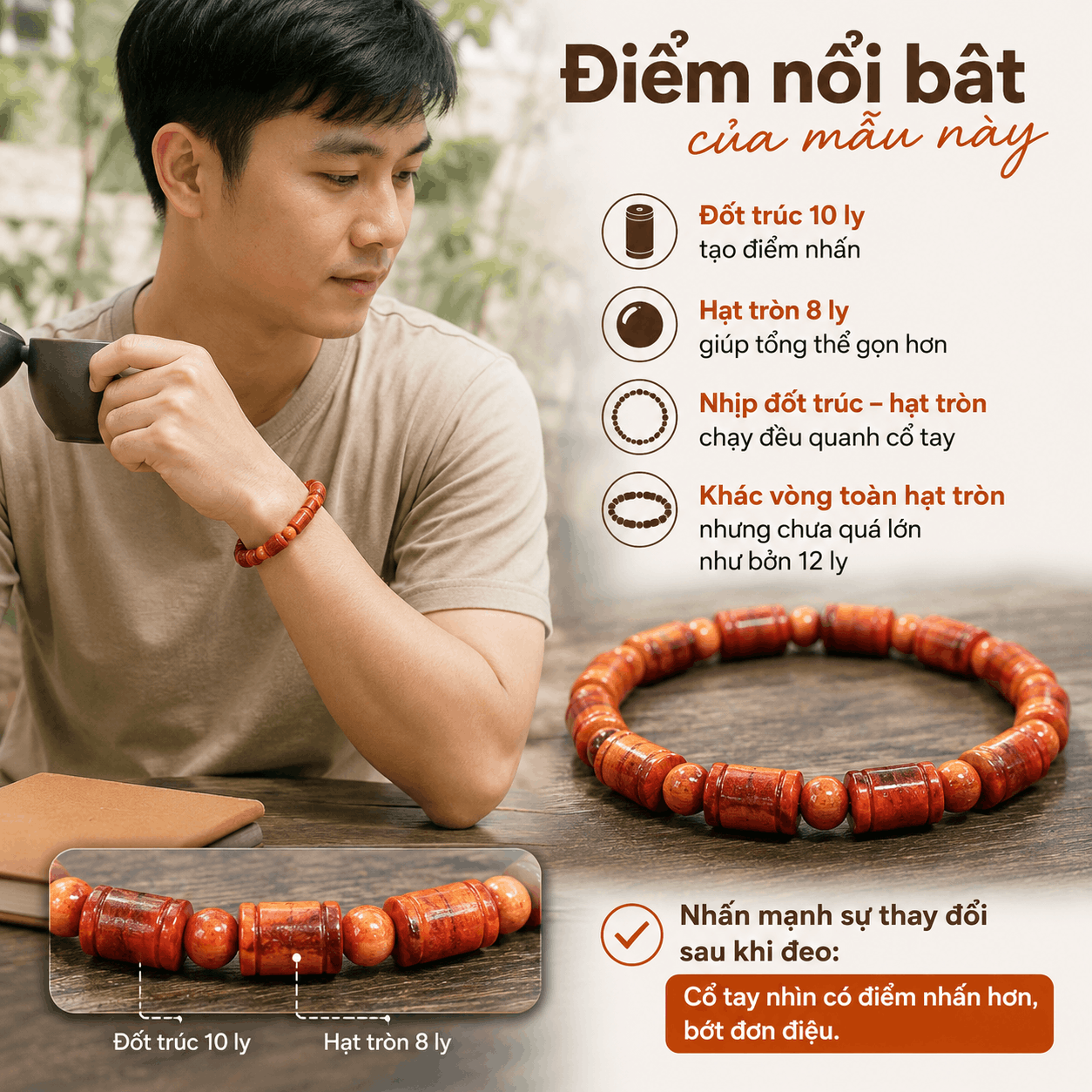 Vòng Huyết Long Đốt Trúc 10 Ly Xen Hạt Tròn 8 Ly