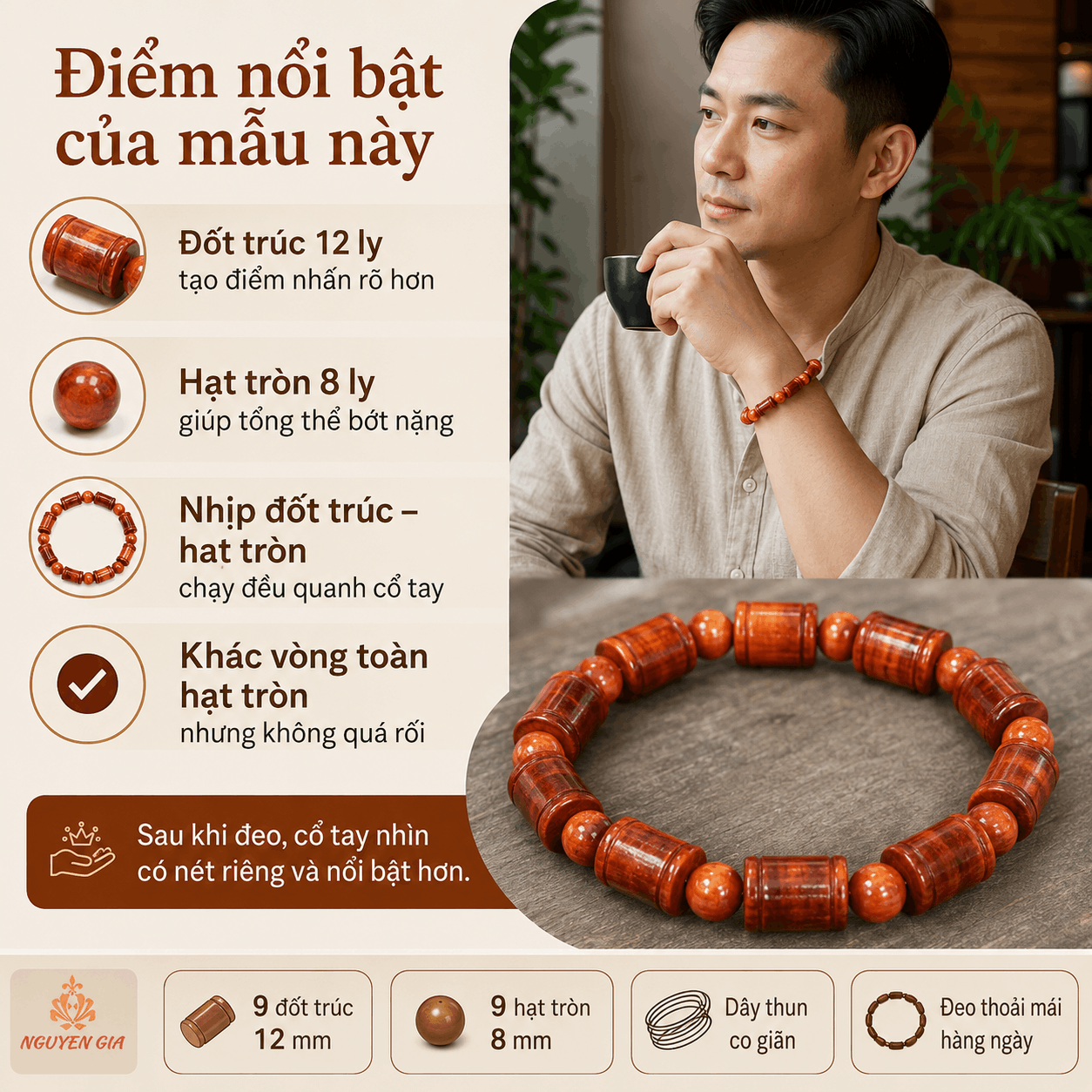 Vòng Huyết Long Đốt Trúc 12 Ly Xen Hạt Tròn 8 Ly