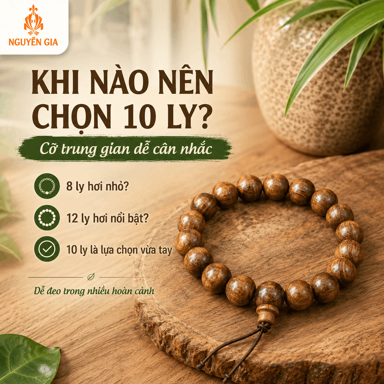 Vòng Tay Gỗ Bách Xanh 10 Ly Cỡ Vừa, Dễ Đeo
