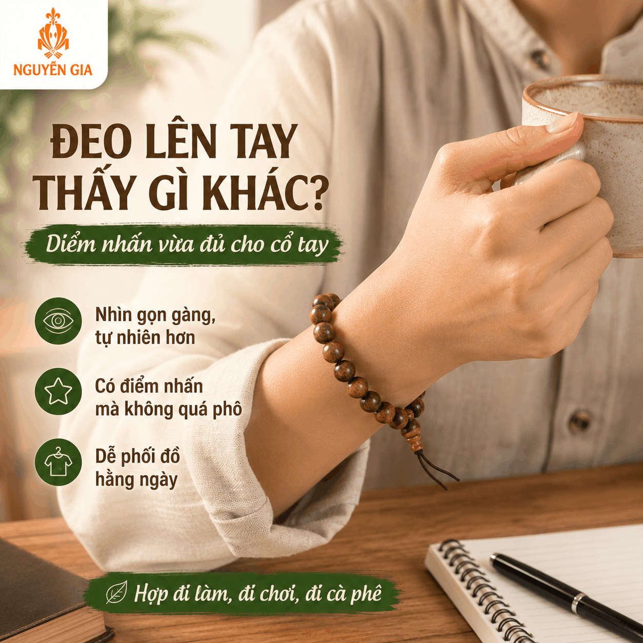 Vòng Tay Gỗ Bách Xanh 10 Ly Cỡ Vừa, Dễ Đeo