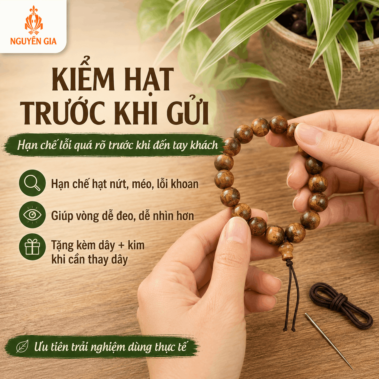 Vòng Tay Gỗ Bách Xanh 10 Ly Cỡ Vừa, Dễ Đeo