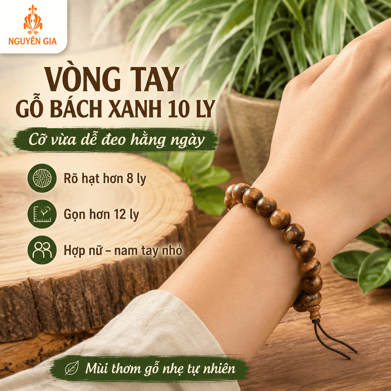 Vòng Tay Gỗ Bách Xanh 10 Ly Cỡ Vừa, Dễ Đeo