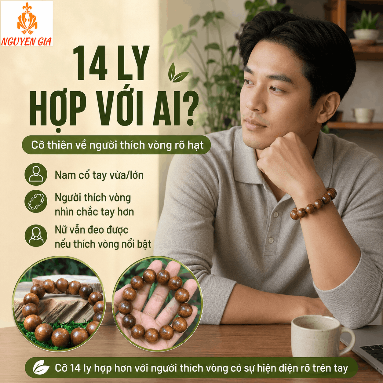 Vòng Tay Gỗ Bách Xanh 14 Ly Hạt Lớn, Nổi Bật