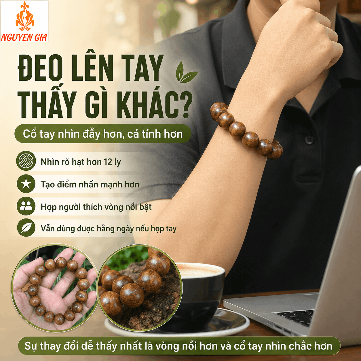 Vòng Tay Gỗ Bách Xanh 14 Ly Hạt Lớn, Nổi Bật