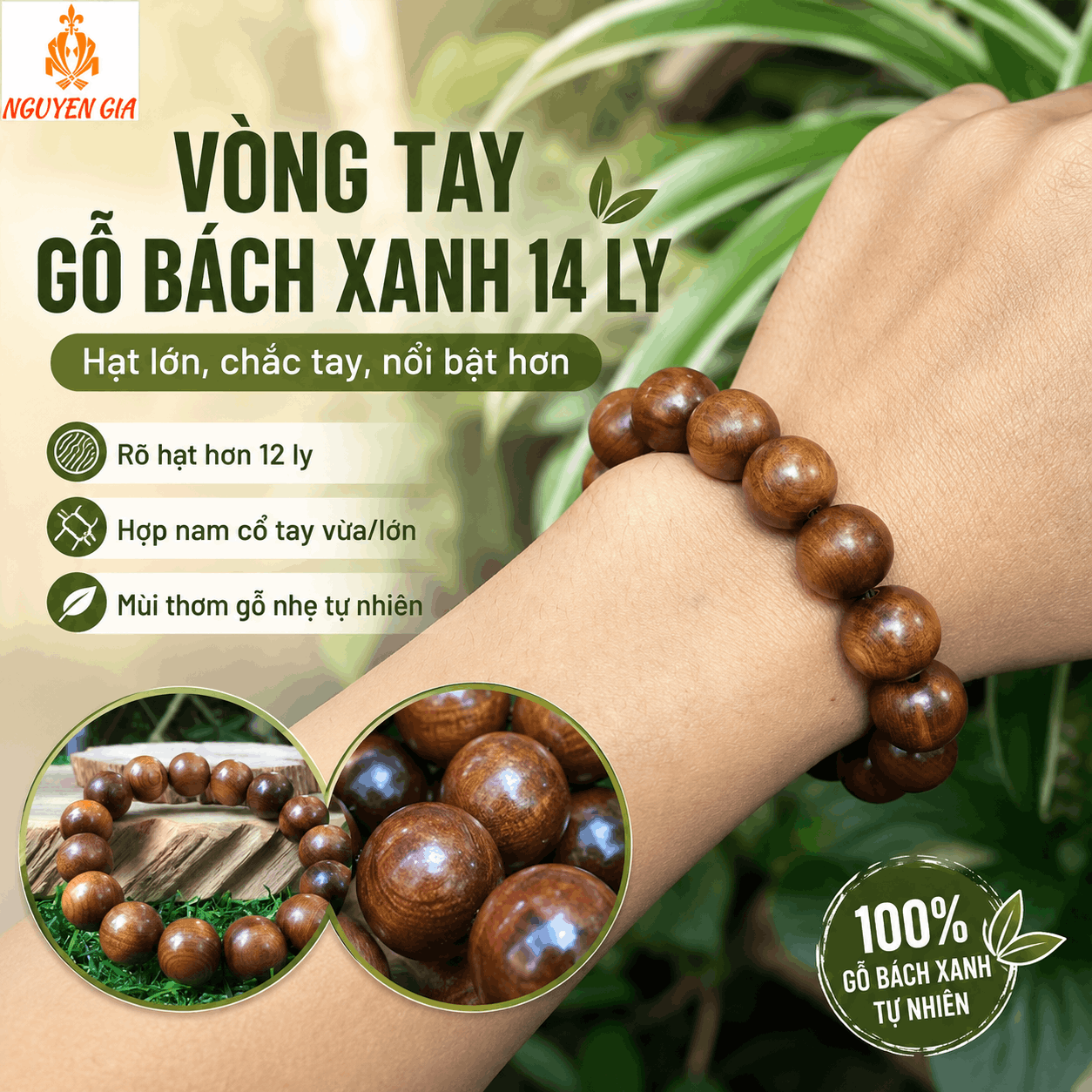 Vòng Tay Gỗ Bách Xanh 14 Ly Hạt Lớn, Nổi Bật