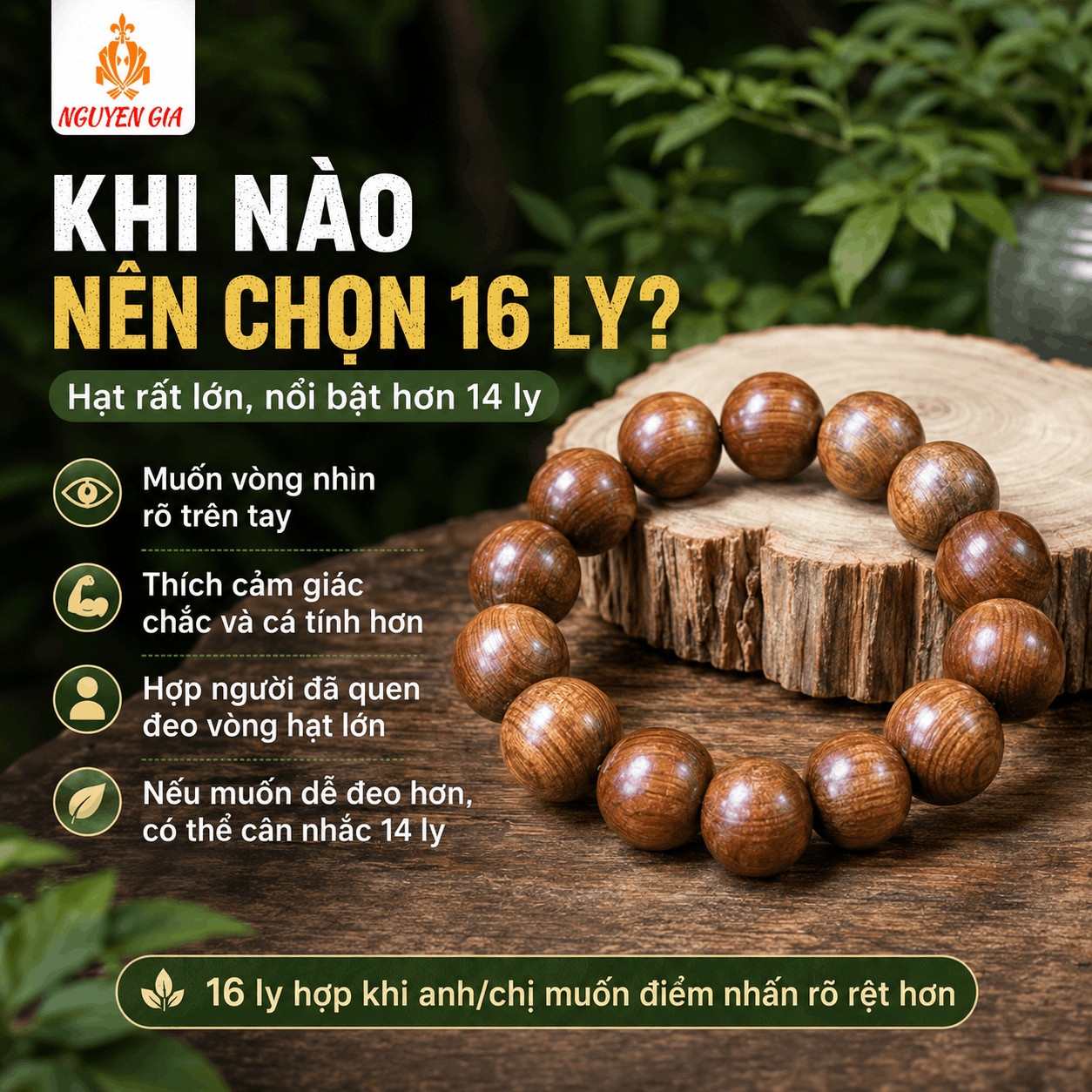Vòng Tay Gỗ Bách Xanh 16 Ly Hạt Lớn, Cá Tính