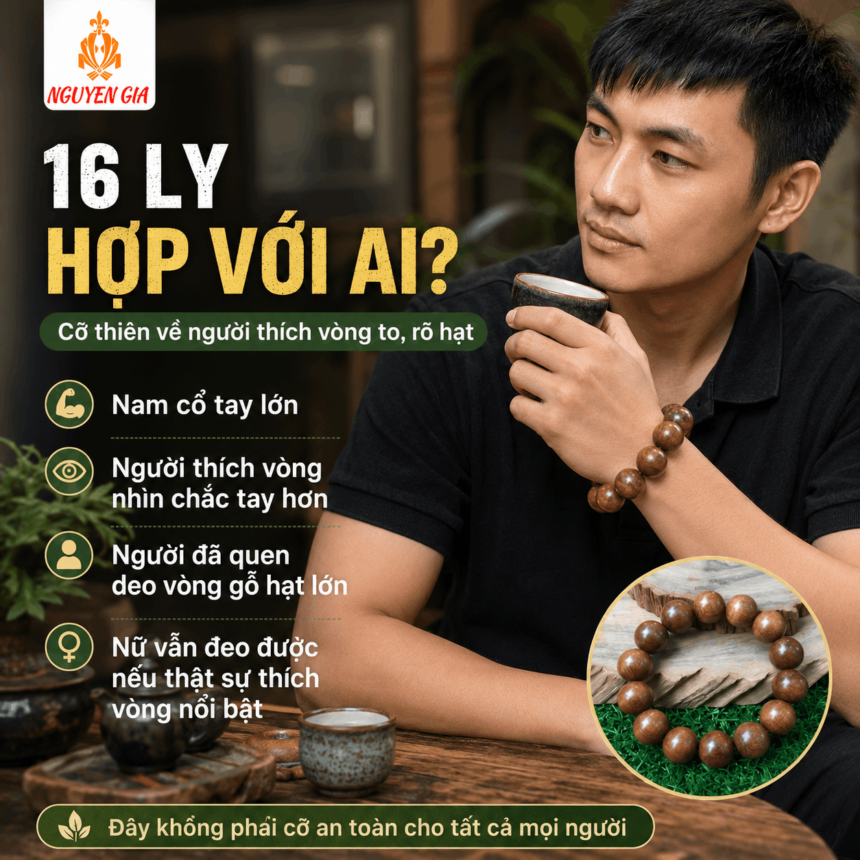 Vòng Tay Gỗ Bách Xanh 16 Ly Hạt Lớn, Cá Tính
