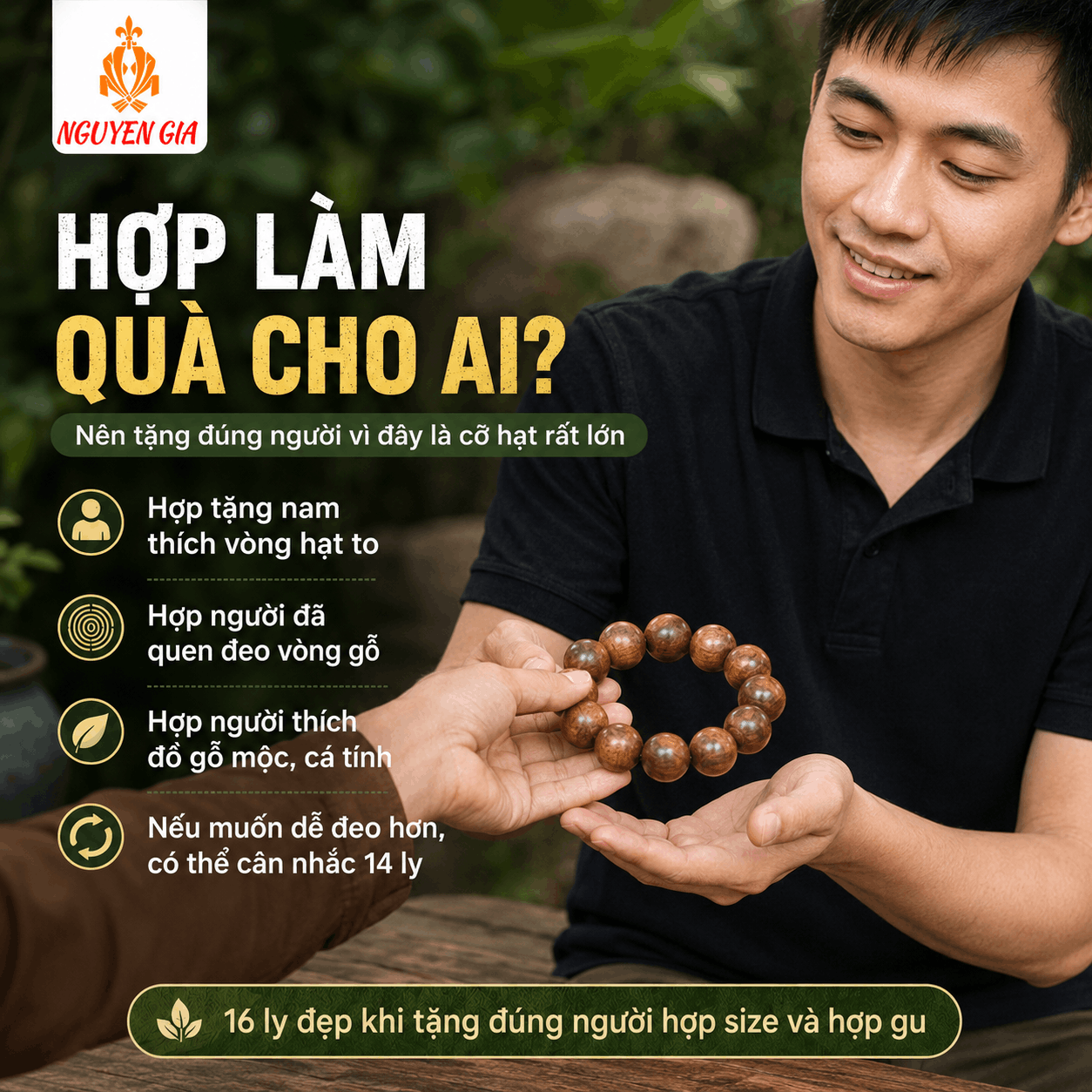 Vòng Tay Gỗ Bách Xanh 16 Ly Hạt Lớn, Cá Tính