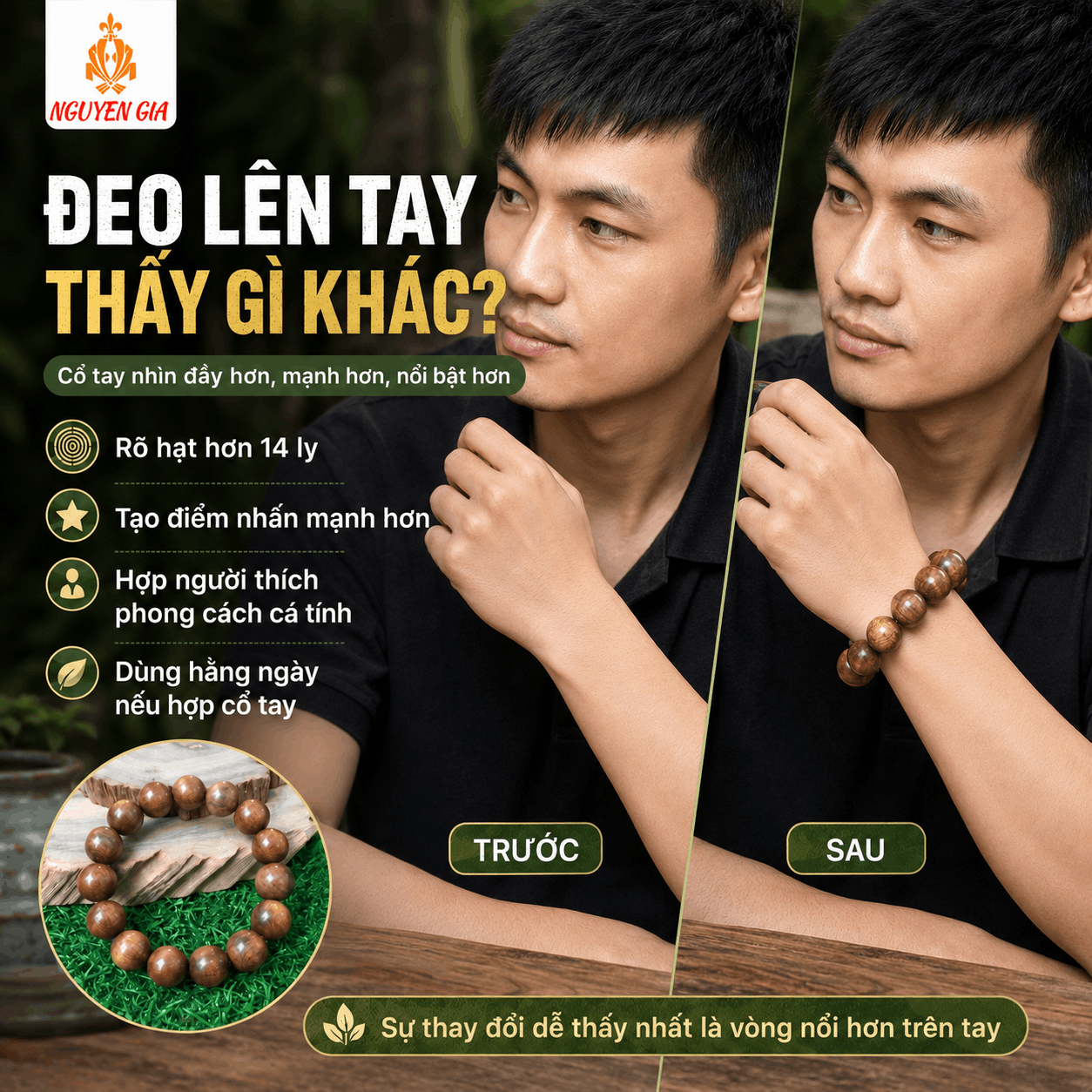 Vòng Tay Gỗ Bách Xanh 16 Ly Hạt Lớn, Cá Tính