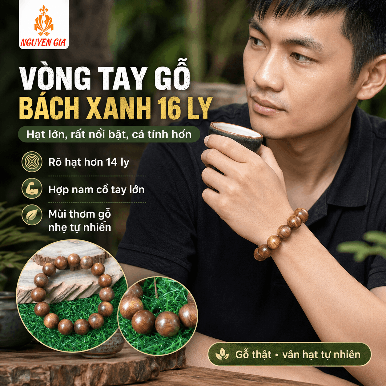 Vòng Tay Gỗ Bách Xanh 16 Ly Hạt Lớn, Cá Tính