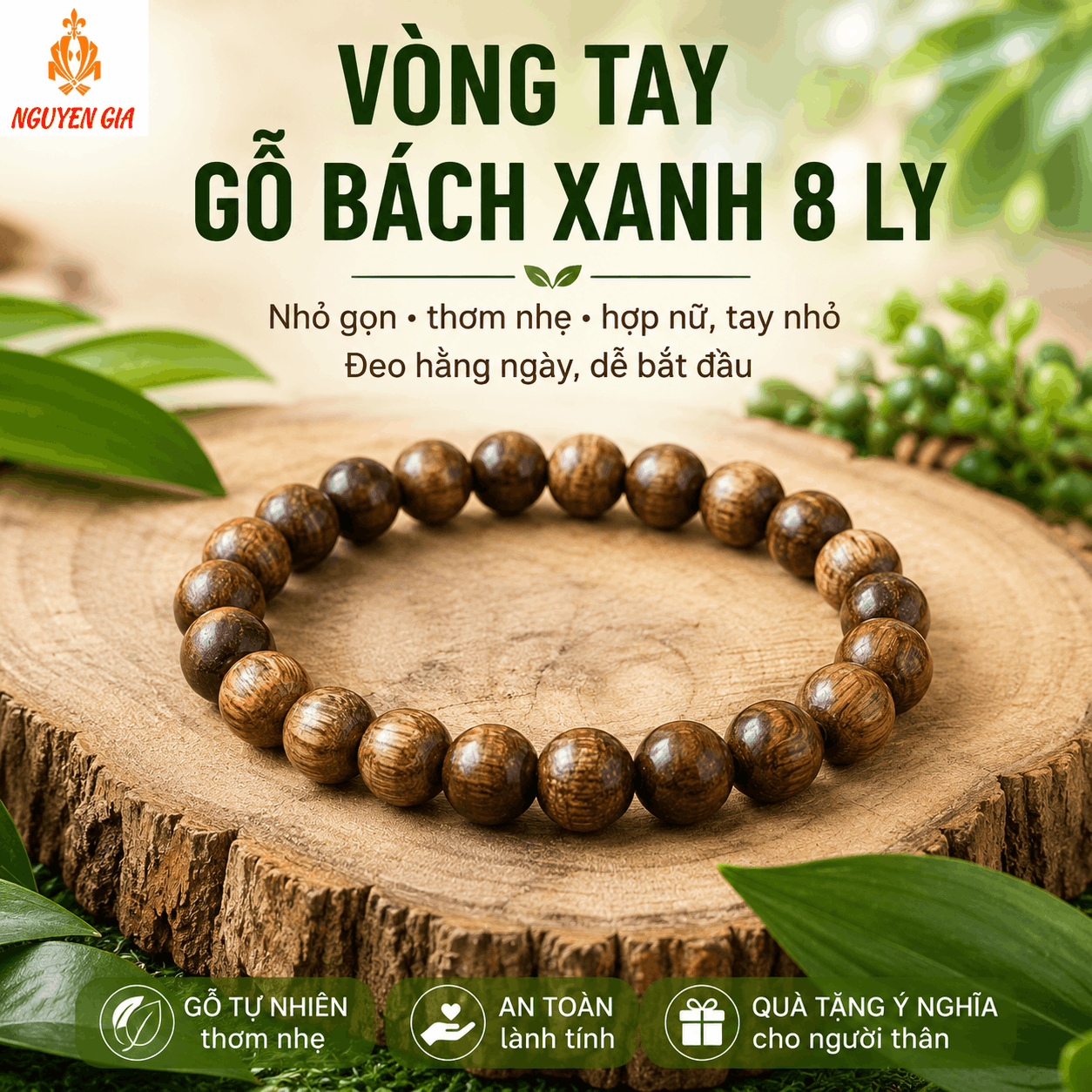Vòng Tay Gỗ Bách Xanh 8 Ly Nhỏ Gọn, Thơm Nhẹ