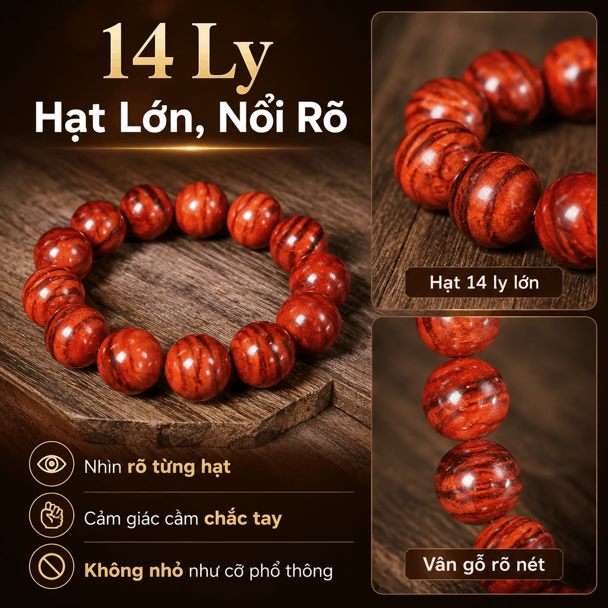Vòng Tay Gỗ Huyết Long 14 Ly Hạt Lớn, Màu Đỏ Nổi Rõ