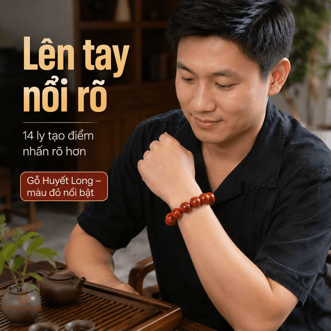 Vòng Tay Gỗ Huyết Long 14 Ly Hạt Lớn, Màu Đỏ Nổi Rõ