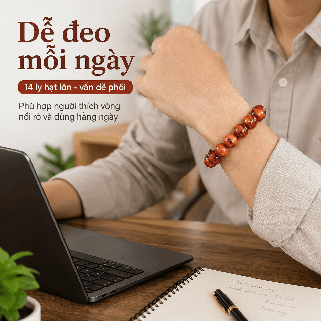 Vòng Tay Gỗ Huyết Long 14 Ly Hạt Lớn, Màu Đỏ Nổi Rõ