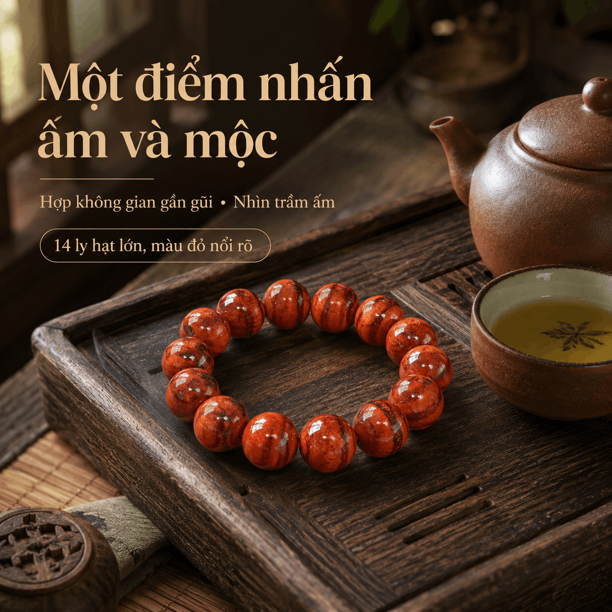 Vòng Tay Gỗ Huyết Long 14 Ly Hạt Lớn, Màu Đỏ Nổi Rõ