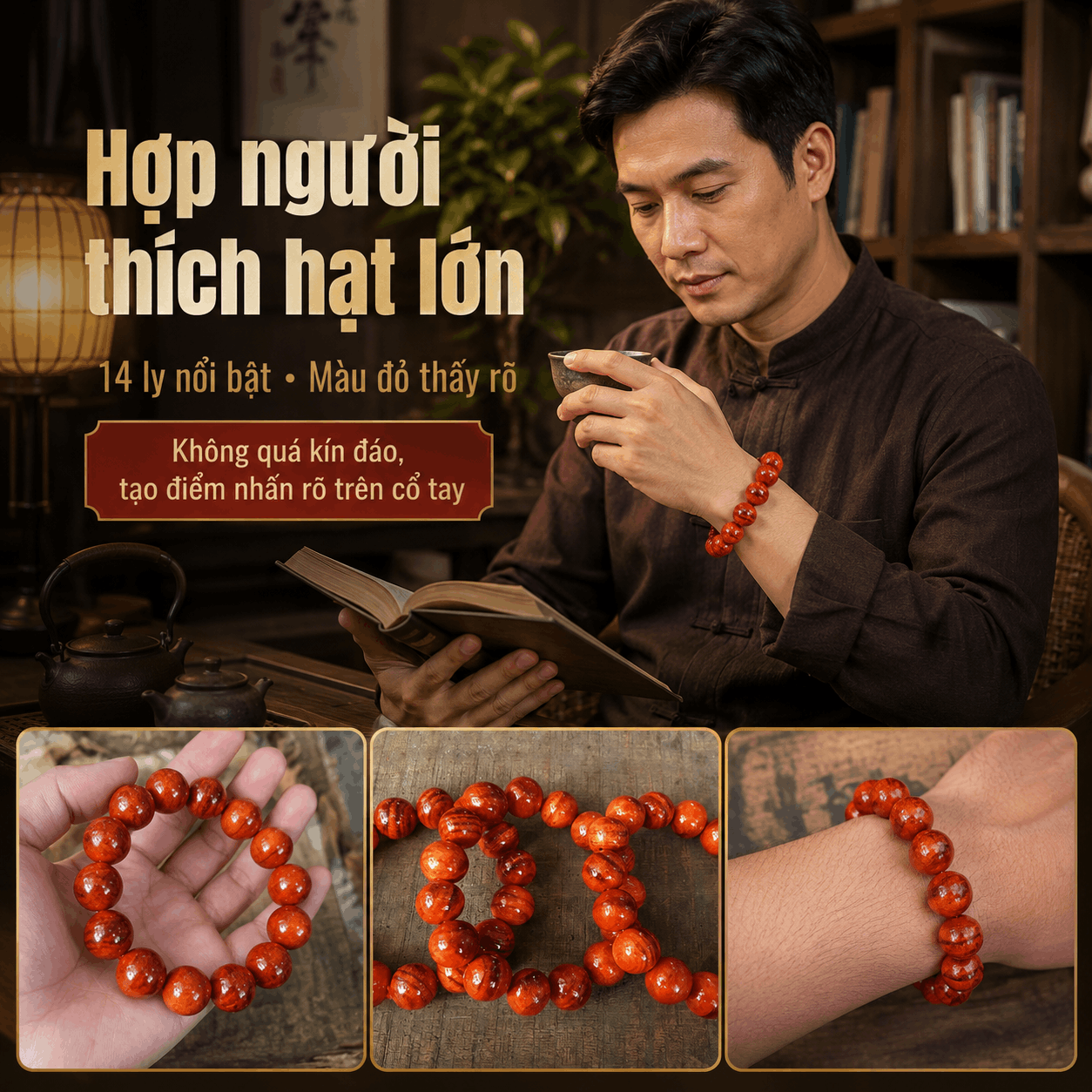 Vòng Tay Gỗ Huyết Long 14 Ly Hạt Lớn, Màu Đỏ Nổi Rõ